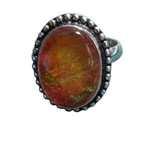 Sterling Silver 925 Fiery Orange Opal Statement Ring, Oval Cabochon, Beaded Boho